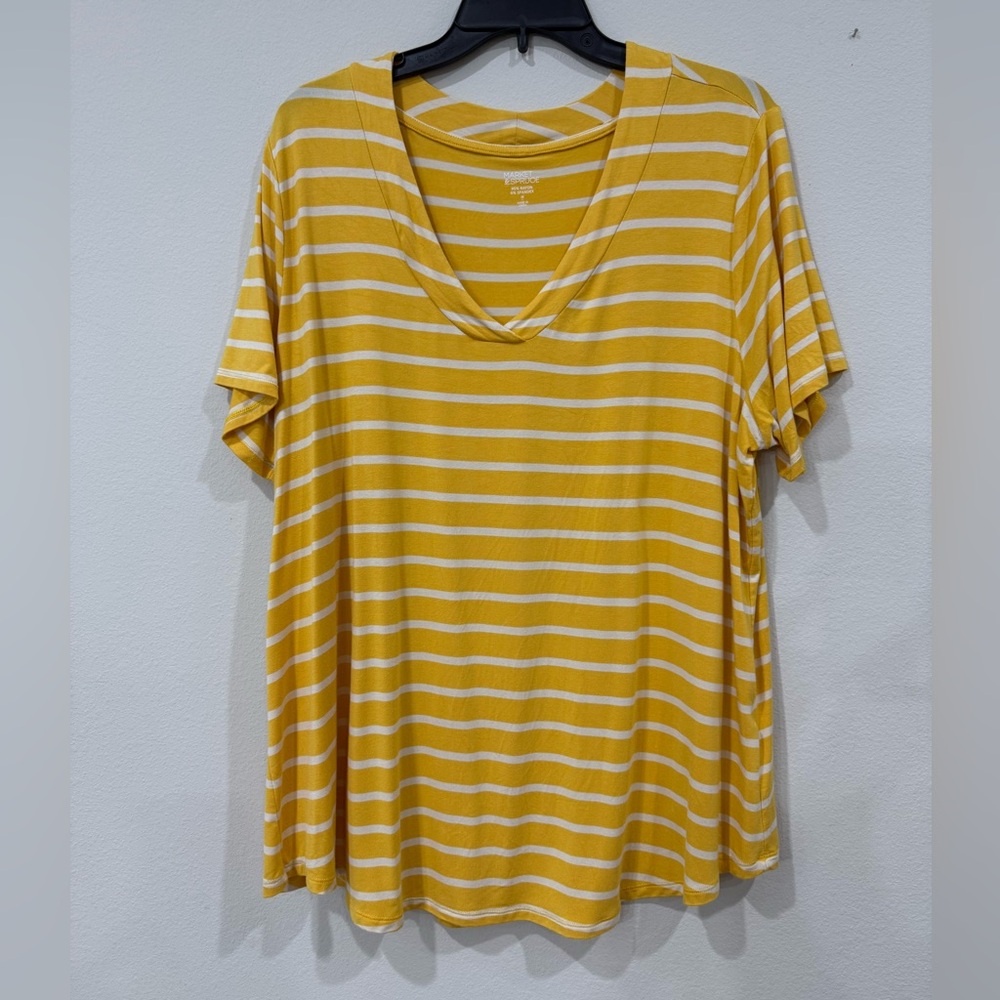 Market & Spruce Yellow and White Striped V-Neck Tee